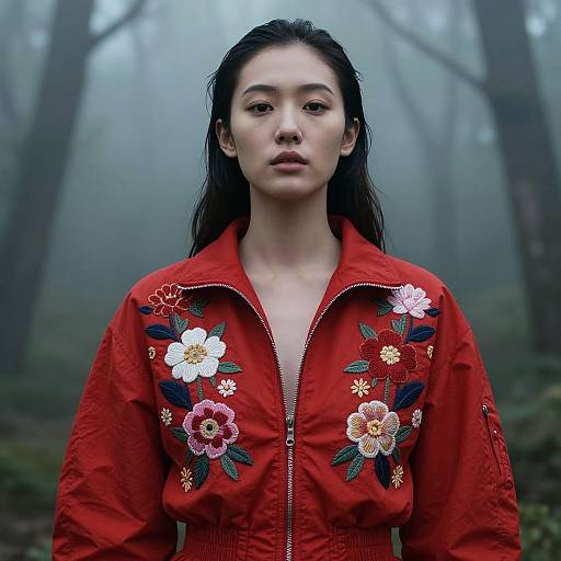 Photograph of an Asian woman with long black hair, wearing a red jacket adorned with colorful floral embroidery, standing in a misty forest.