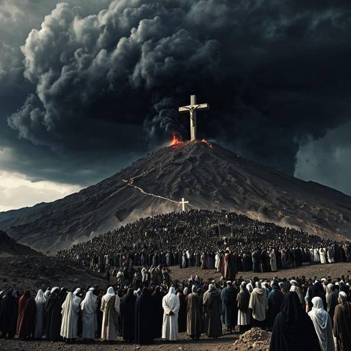 Jesus on Cross on Volcanic Hill with Crowd