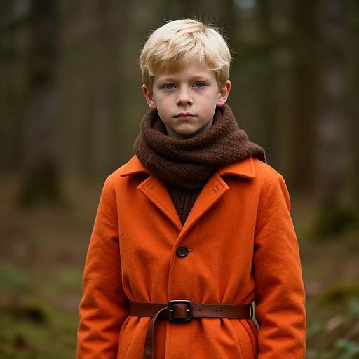 Blonde Boy in Orange Coat Forest