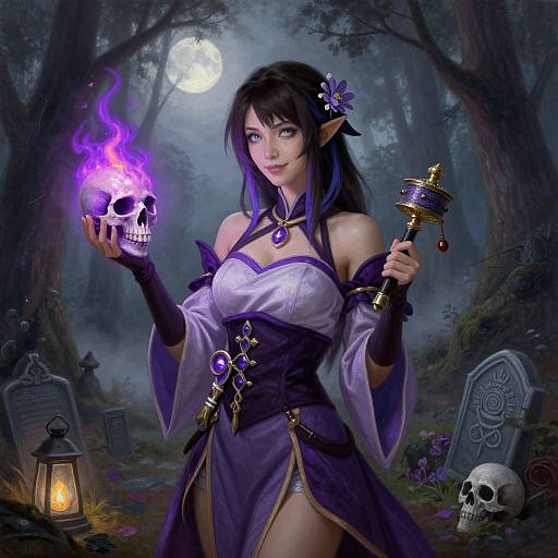 Digital fantasy artwork of a purple-haired, elven woman with glowing eyes, holding a floating skull and a staff, in a moonlit, foggy
