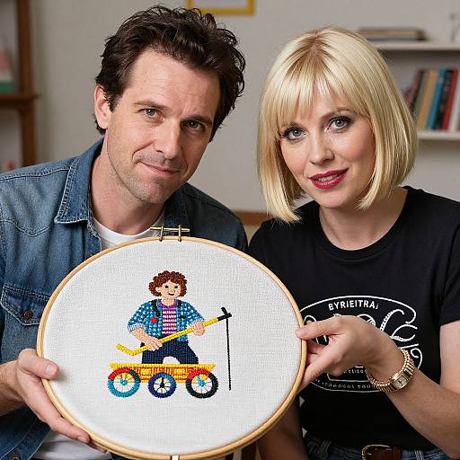 Photograph of a couple holding a cross-stitched portrait of a child in a yellow bike, wearing blue and red clothes. Man in denim, woman