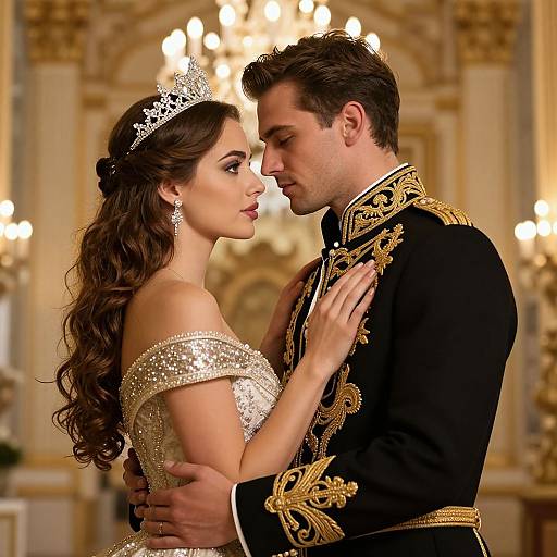 Photograph of a romantic, regal couple; she wears a sparkling off-shoulder gold gown and tiara, he in a black, gold