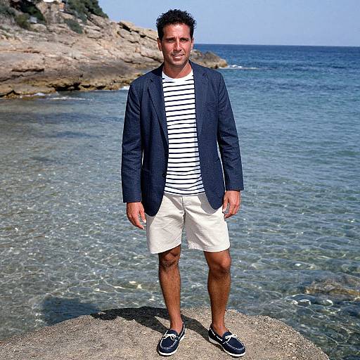Photograph of a smiling man with short dark hair, wearing a black blazer, white and black striped shirt, white shorts, and black sneakers,