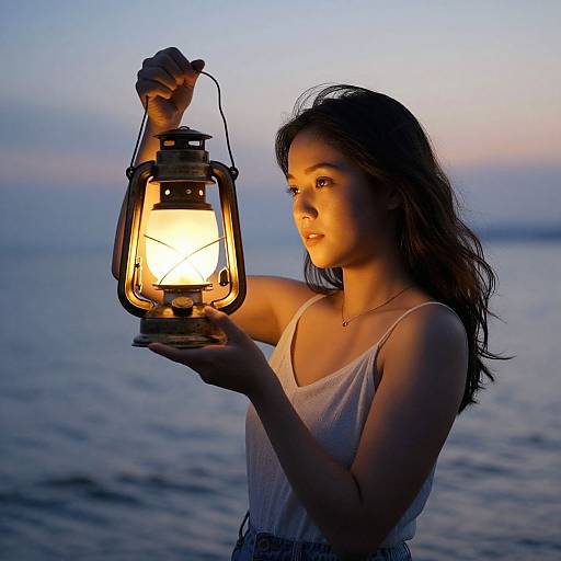 Photograph of a young woman with long brown hair, wearing a white tank top, holding a glowing lantern by a tranquil sunset ocean.