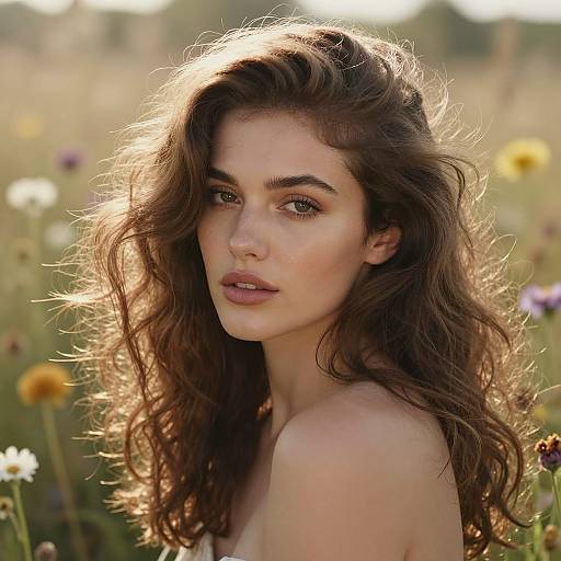 Photograph of a beautiful young woman with wavy brown hair, green eyes, and fair skin, standing in a sunlit meadow of colorful wild
