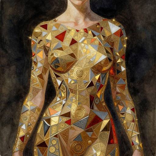 Photograph of a woman's torso covered in a dazzling, mosaic-like golden and red geometric pattern with reflective triangles and circular designs, set against a dark