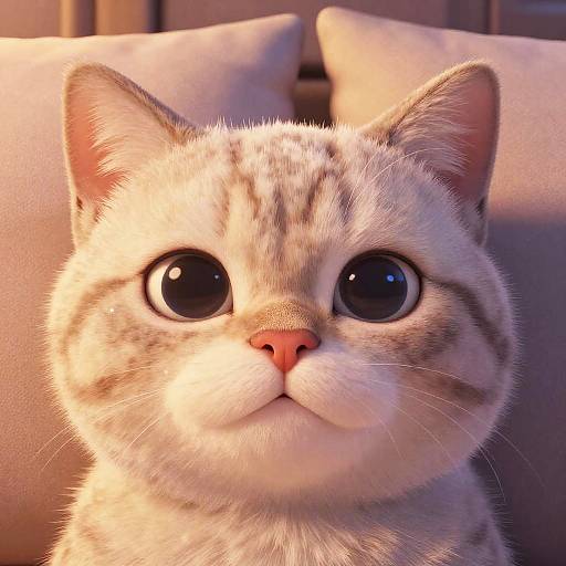 CGI close-up of a cute, wide-eyed, chubby gray tabby kitten with pink nose, big round black eyes, and soft white fur,