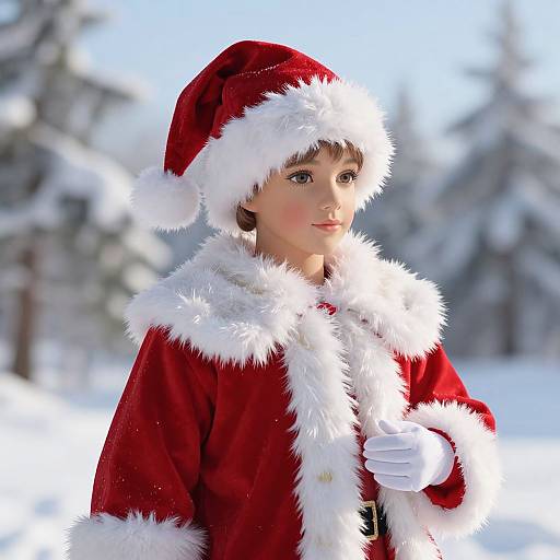 Photorealistic CGI of a young girl in a red Santa outfit with white fur trim, white gloves, and red Santa hat, standing in a snowy