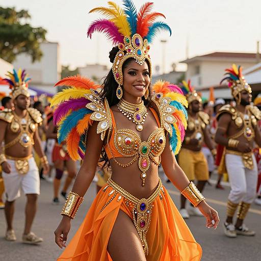 Photograph of a smiling Black woman in vibrant, gold and orange traditional Carnival costume with colorful feathers, intricate jewelry, and orange skirt, walking with a