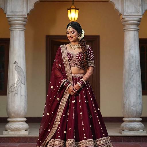 Photograph of a South Asian woman in a maroon traditional lehenga, adorned with gold embroidery, standing under a marble archway with a warm yellow