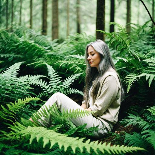 Woman sitting in lush green forest ferns