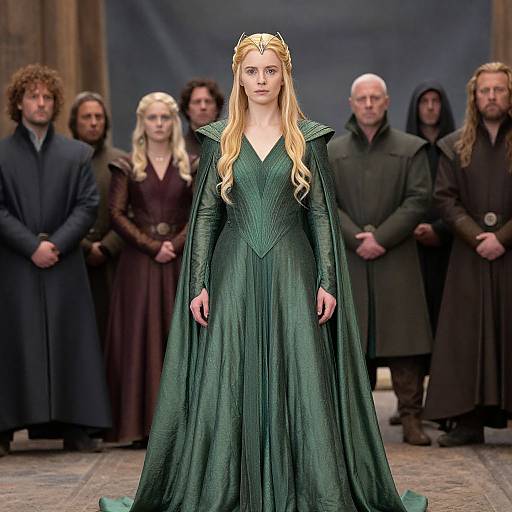 Photograph of a blonde woman in a green, long-sleeved, V-neck gown with a gold crown, standing center stage with a group of