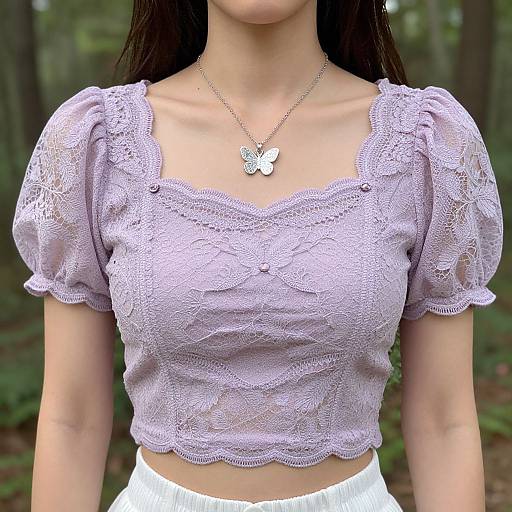 Photograph of a young woman with light skin wearing a lavender lace crop top with puffed sleeves, white pants, and a butterfly necklace, standing in