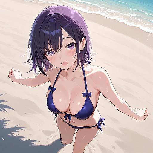 Anime Girl in Purple Bikini on Beach