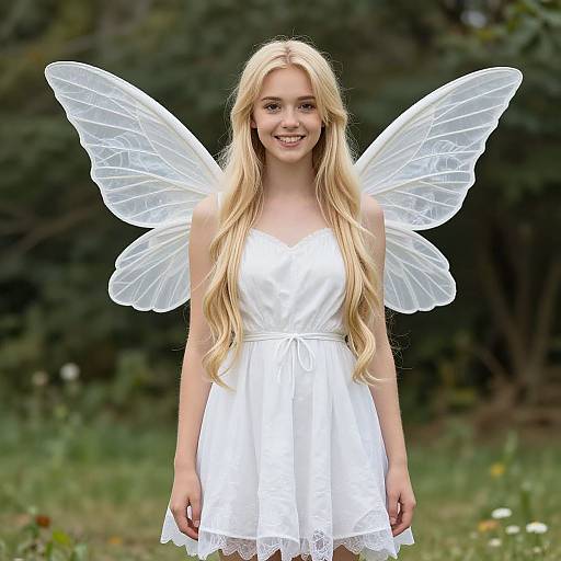 Photograph of a smiling young blonde girl with long hair, wearing a white dress and translucent fairy wings, standing in a grassy, green forest background