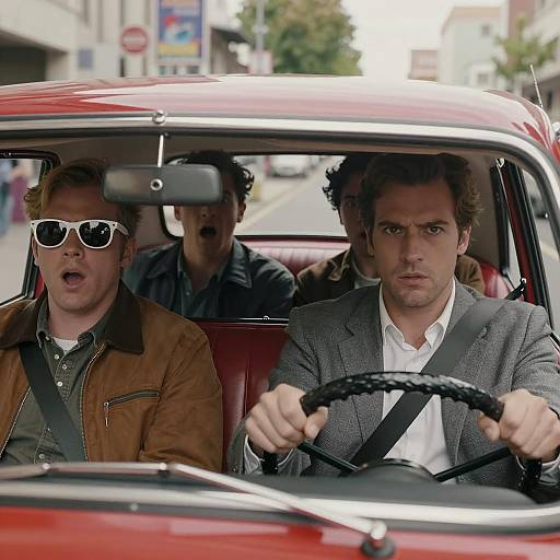 Dynamic Vintage Car Scene with Four Men