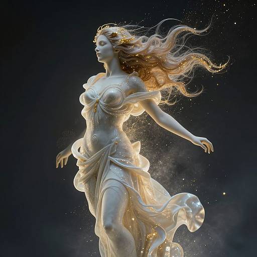 Digital artwork of a glowing, ethereal, white marble goddess with flowing hair, translucent drapery, and golden sparkles against a dark blue background
