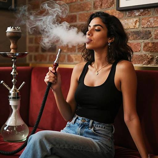 Relaxed Woman Smoking Hookah Indoors