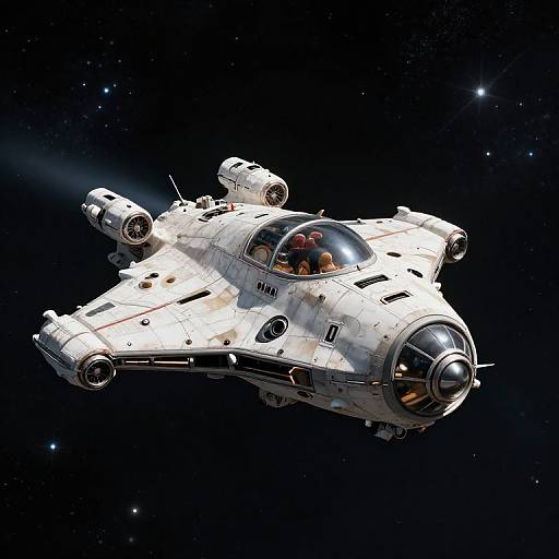 Photorealistic CGI of a white, triangular spaceship with two engines, a cockpit canopy, and a visible pilot, flying through a starry space background