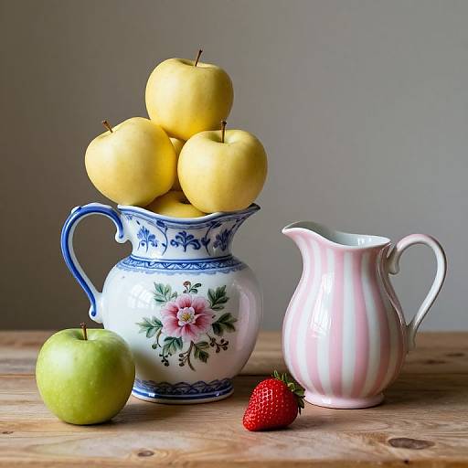 Golden Apples in Floral Ceramic Pitcher