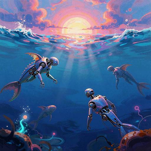 Surreal Neon Ocean with Robotic Sea Creatures