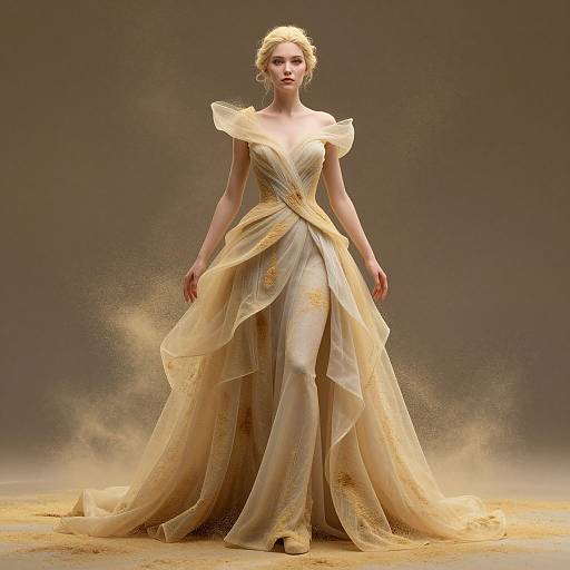 Photograph of a blonde woman in an elegant, off-shoulder, cream-colored gown with gold accents, standing against a brown, smoky backdrop