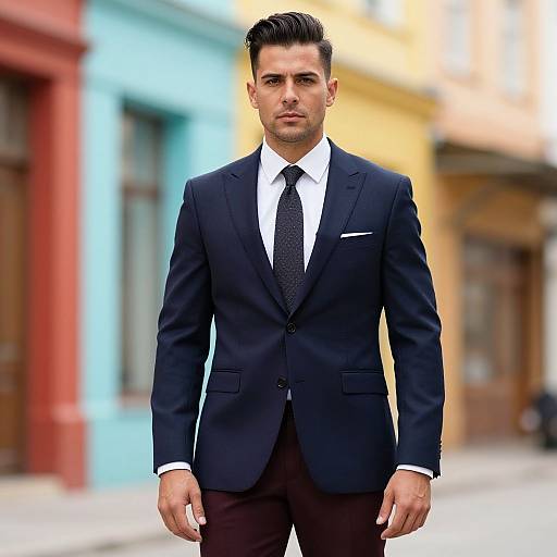 Photograph of a handsome, clean-shaven man with dark hair, wearing a black suit, white shirt, and black tie, standing in a colorful