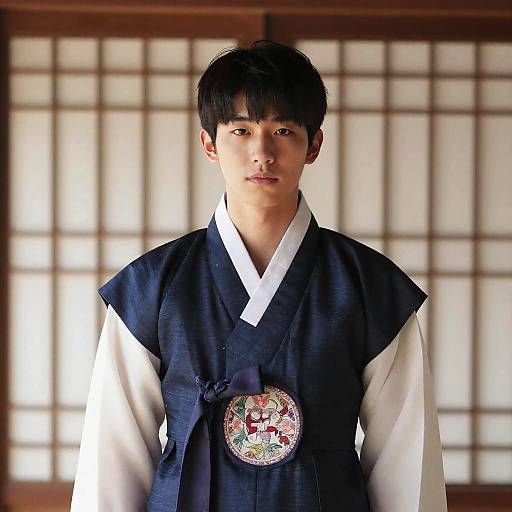 Photograph of an East Asian man in traditional Korean hanbok with white and navy blue fabric, wearing a detailed circular brooch, standing in front