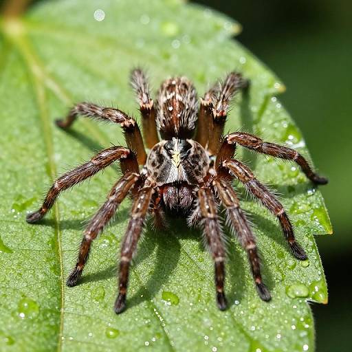 Close-up photograph of a brown and black furry spider with long legs on a bright green, dew-covered leaf.