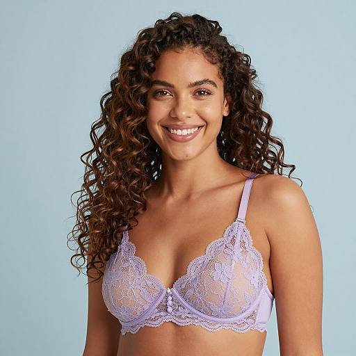 Smiling Woman Wearing Lavender Lace Bra