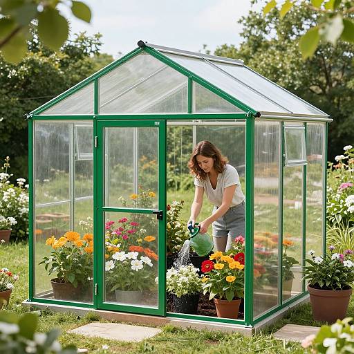Woman Watering Plants in Greenhouse