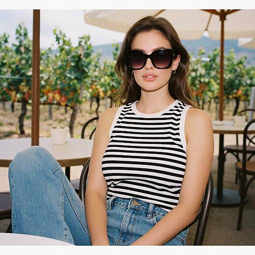 Photograph of a young woman with fair skin, brown hair, wearing large black sunglasses, striped sleeveless top, and blue jeans, seated outdoors at