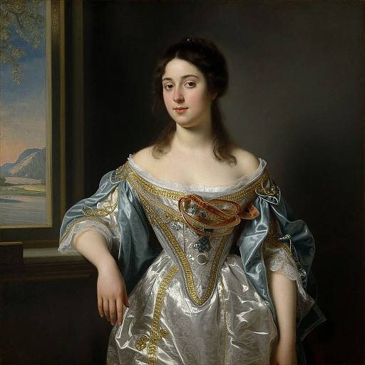 Baroque-style portrait of a pale-skinned woman with dark hair, wearing a silver and gold embroidered gown, standing against a dark backdrop with a landscape