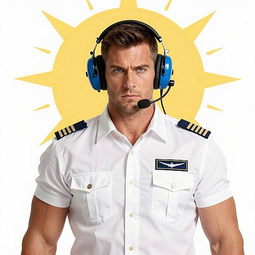 Serious Male Pilot with Headset and Sun Background