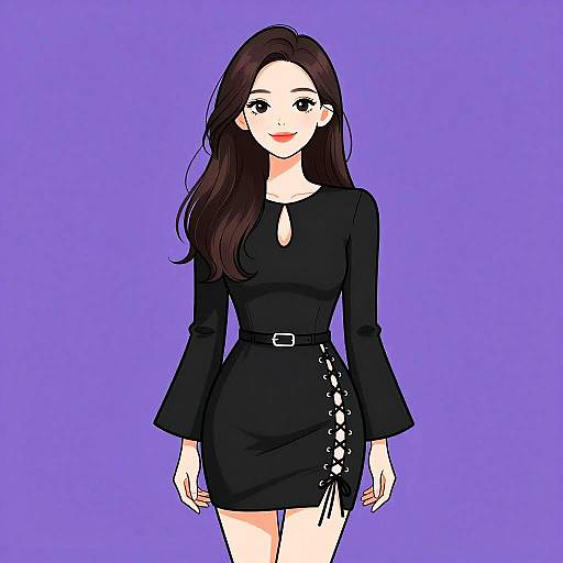 Digital anime-style drawing of a smiling woman with long brown hair, wearing a black dress with lace-up sides and belt, against a purple background.
