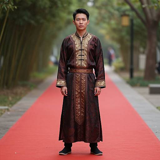 Photograph of an Asian man in a long, ornate black and gold traditional robe standing on a red carpet in a tree-lined path.