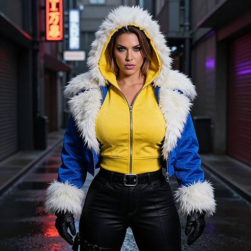 Photograph of a confident woman with brown hair, yellow hoodie, blue fur-trimmed jacket, black pants, and gloves, standing in a neon