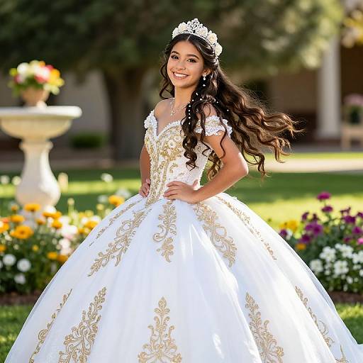 Photograph of a smiling Asian woman with long, wavy black hair, wearing a white, gold-embroidered ball gown and tiara,