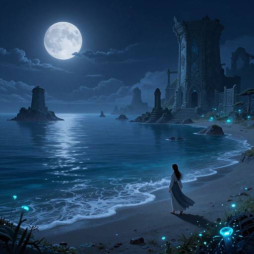 Digital artwork of a lone figure in a flowing dress standing on a moonlit beach, illuminated by glowing orbs, with ancient ruins and islands in the mist