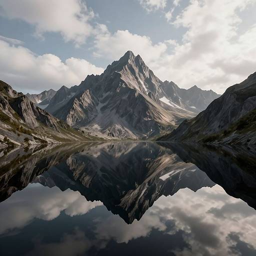 Photograph of majestic, snow-capped mountain peaks reflecting in a calm, mirror-like lake, under a partly cloudy sky.
