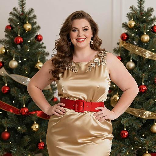Plus-Size Woman in Gold Dress by Christmas Trees