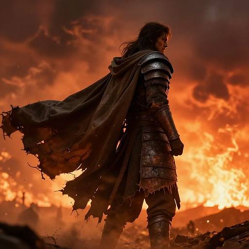 Epic digital artwork of a warrior with long dark hair, wearing tattered armor and cloak, standing against a fiery, orange-red sky.