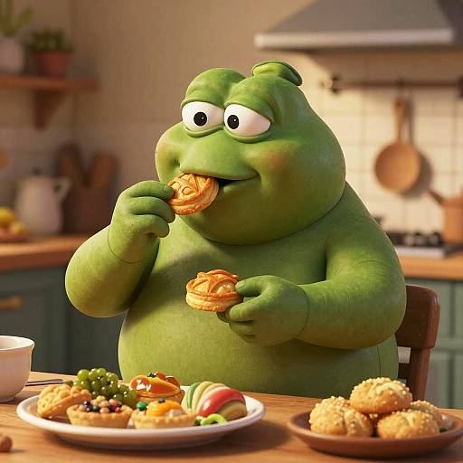 Plump Pepe Enjoying Cozy Feast