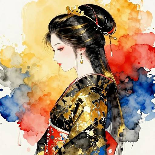 Digital painting of a serene Asian woman with black hair in an updo, wearing a gold-accented black kimono, against a vibrant watercolor