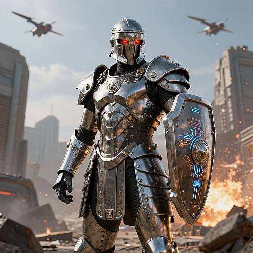 Futuristic Roman Soldier on Ruined Battlefield