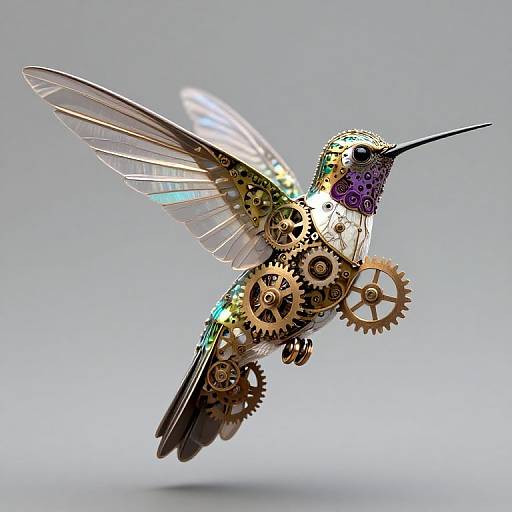 Steampunk hummingbird with intricate gears and colorful metallic feathers, mid-flight, set against a simple gray gradient background. Digital art.