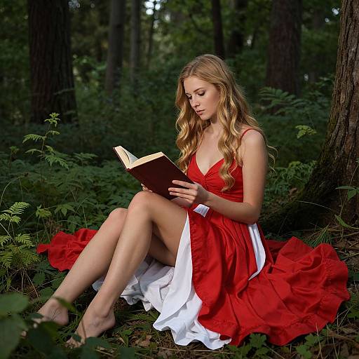 Photograph of a blonde woman with wavy hair, wearing a red and white dress, sitting in a forest, reading a book.