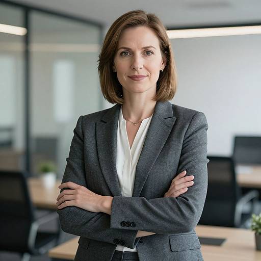 Photograph of a confident, smiling, brown-haired woman in a gray blazer and white blouse, arms crossed, standing in a modern office with blurred