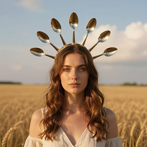Photograph of a young woman with wavy brown hair, wearing a silver spoon crown, off-shoulder white dress, standing in a golden wheat