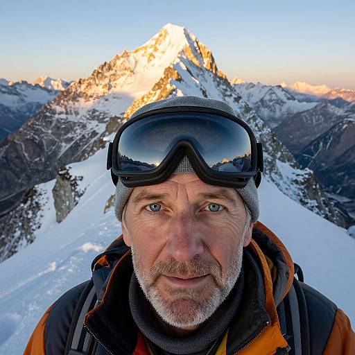 Photograph of a middle-aged man with blue eyes, gray beard, and black ski goggles, standing on a snowy mountain peak with a sunlit jag